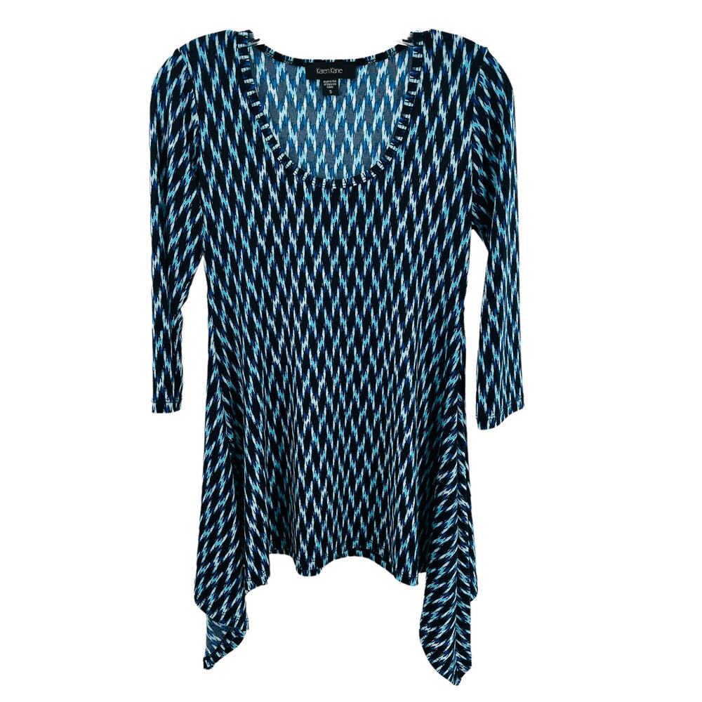 Karen Kane Teal Black Geometric Long Sleeve Slinky Shark Bite Hem Tunic Top S